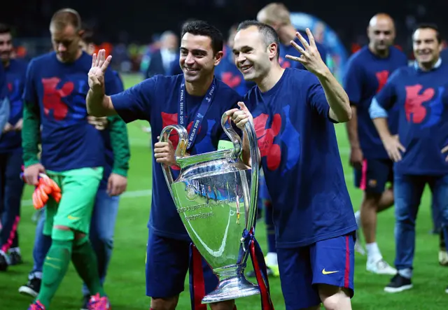 Xavi and Iniesta with Champions League trophy