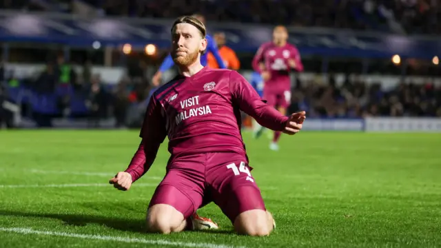 Josh Bowler celebrates scoring for Cardiff