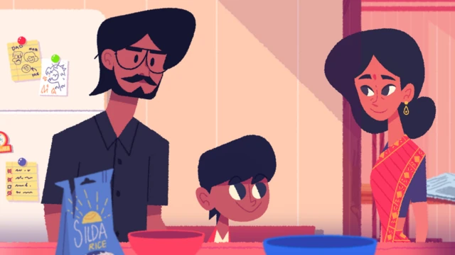 Animated still of family cooking in kitchen