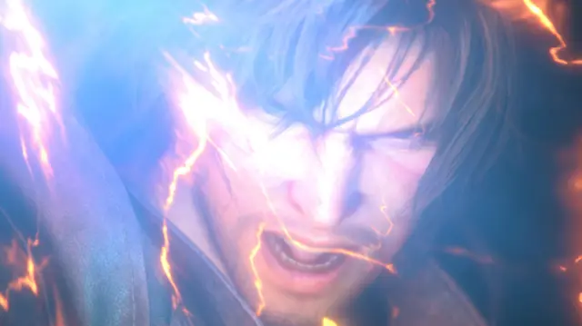 A computer-generate image of a man who appears to be locked in some sort of battle, his long hair framing his face as he narrows his eyes on a target. Bolts of yellow lightning pepper the shot, casting a glow over the image.