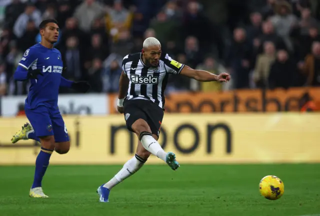 Joelinton scores for Newcastle against Chelsea