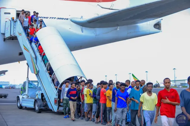 Ethiopians being returned to their home country from Saudi Arabia.