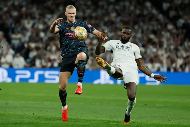 Erling Haaland playing for Manchester City against Real Madrid