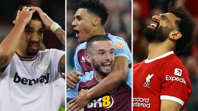 Lucas Paqueta and Mohamed Salah look dejected while Aston Villa players celebrate