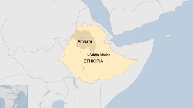 A map of Ethiopia showing the capital and the Amhara region.