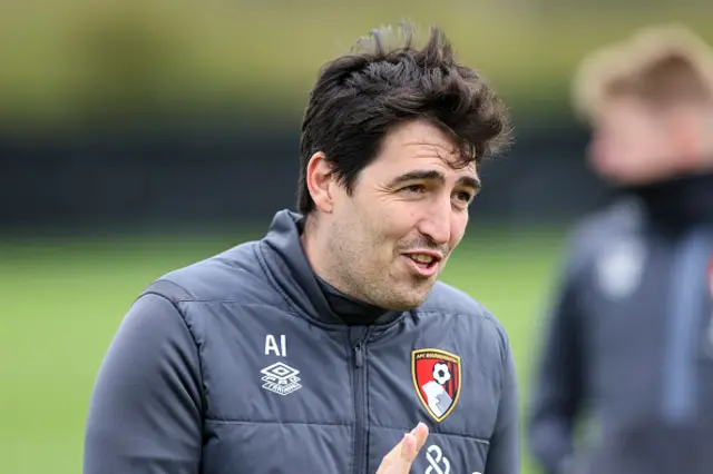 Bournemouth manager Andoni Iraola looks on during training