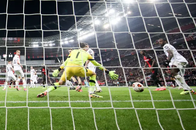 Victor Boniface scores for Bayer Leverkusen against West Ham