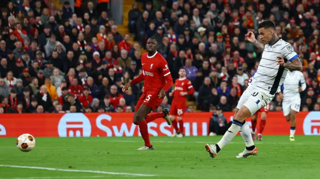 Gianluca Scamacca scores for Atalanta at Liverpool