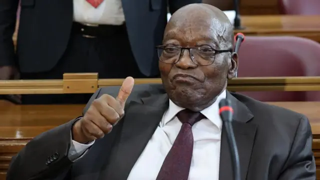 Former South African President Jacob Zuma gestures as he attends the case of his private prosecution against South African President Cyril Ramaphosa in the Johannesburg High Court, in Johannesburg, South Africa, April 11, 2024.