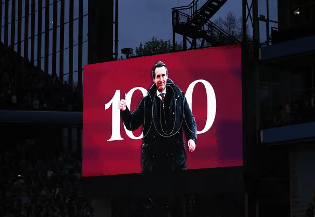 An image of Unai Emery the head coach / manager of Aston Villa on the screen to celebrate 1000