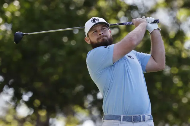 Tyrrell Hatton drives the ball during the Masters second round