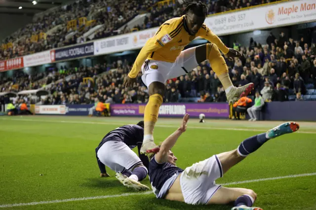 Leicester's Stephy Mavididi jumps after being tackled in the game against Millwall