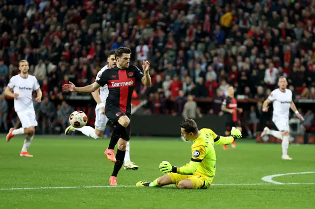 Lukasz Fabianski of West Ham United saves the shot of Jonas Hofmann