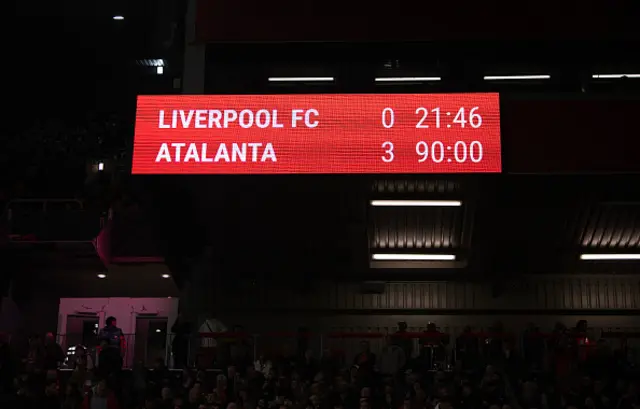 Scoreboard iside Anfield shows 3-0 to Atalanta