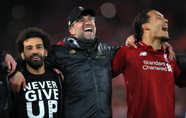 Liverpool players and manager Jurgen Klopp celebrate victory over Barcelona in 2019