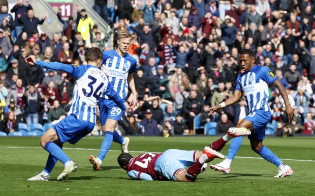 Burnley's Wilson Odobert goes down inside the box