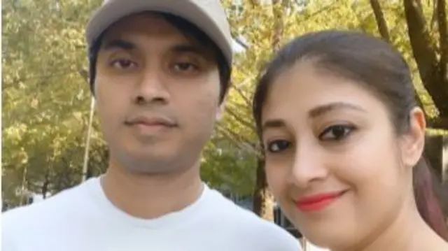 Shoi and Debashis, two witnesses to the stabbing attack at the Westfield complex at Bondi Junction, pose in a closeup picture. A man, on the left, and woman, on right.