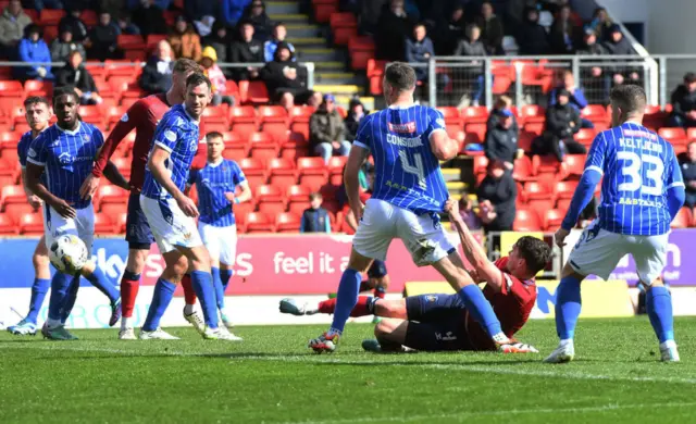 Kilmarnock's Joe Wright scores to make it 1-0 during a cinch Premiership match between St Johnstone and Kilmarnock at McDiarmid Park, on April 13, 2024, in Perth, Scotland.