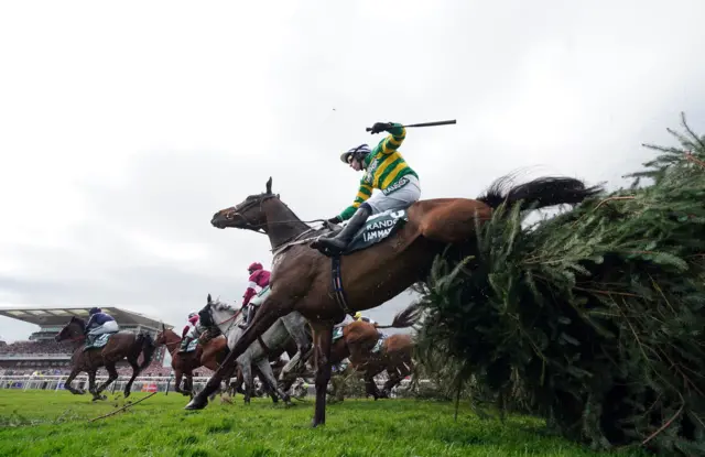 I Am Maximus lands as it jumps a fence during the 2024 Grand National