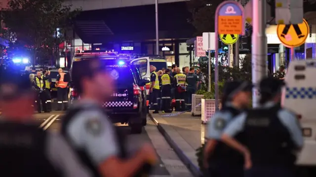 Emergency services are seen at Bondi Junction after police responded to reports of multiple stabbings inside the Westfield Bondi Junction shopping centre