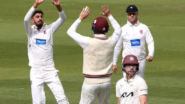 Shoaib Bashir celebrates taking wicket for Somerset