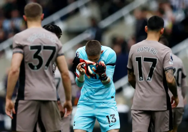 Tottenham goalkeeper Guglielmo Vicario reacts