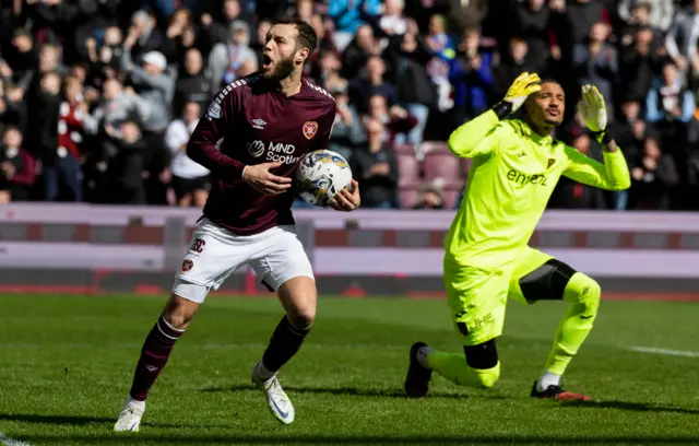 Jorge Grant celebrates scoring for Hearts against Livingston