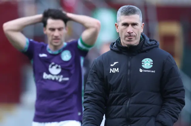 Hibs manager Nick Montgomery looks stunned at full-time