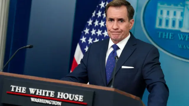 White House national security communications adviser John Kirby speaks during a press briefing at the White House in Washington