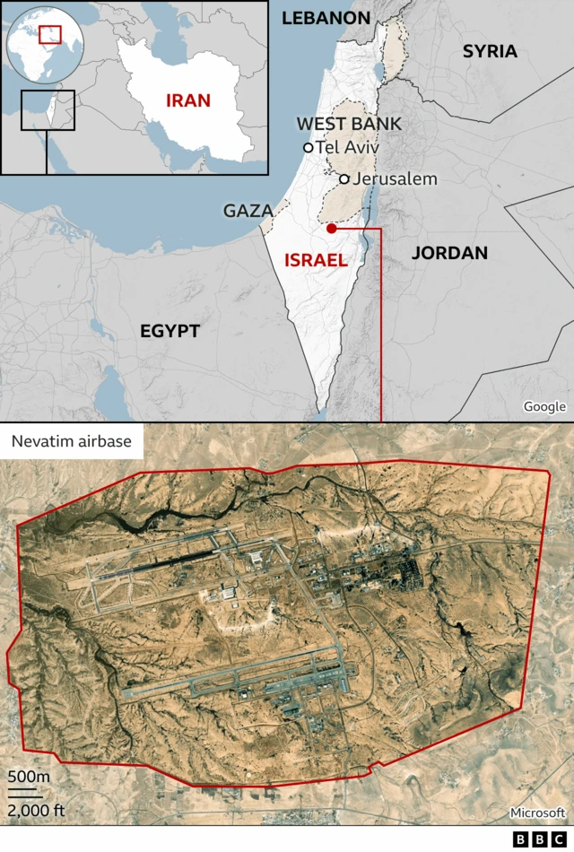 Map of the region shows Nevatim airbase in relation to Israel, Iran and the wider Middle East