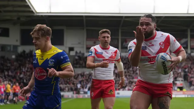 Konrad Hurrell celebrates for St Helens