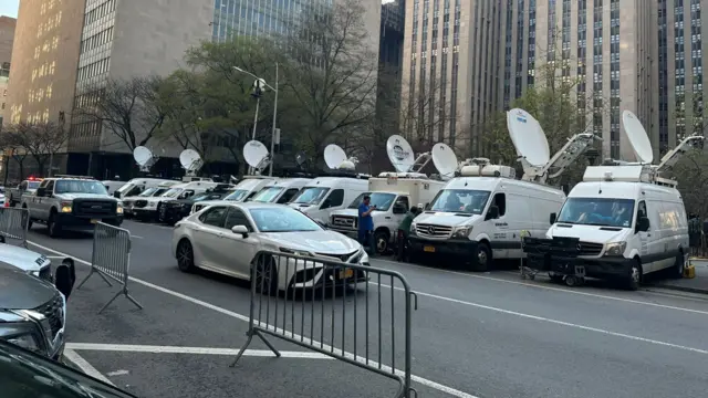 Crowds of media outside Donald Trump's court trial in New York