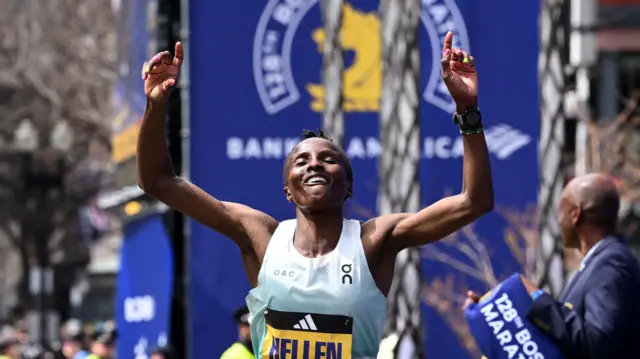 Kenya's Hellen Obiri, moments after she claimed her second women's title at the Boston marathon.