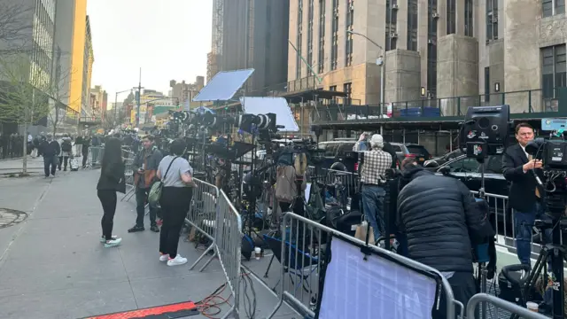 Crowds of media outside Donald Trump's court trial in New York