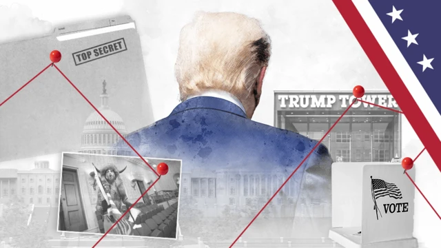 A BBC composite image shows the back of Donald Trump with imagery (including a ballot box and a Capitol rioter) which illustrate the different legal issues he faces