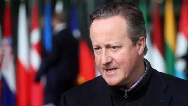 British Foreign Secretary David Cameron speaks to the media during a North Atlantic Treaty Organization (NATO) Foreign Affairs Ministers meeting in Brussels, Belgium, 03 April 2024.