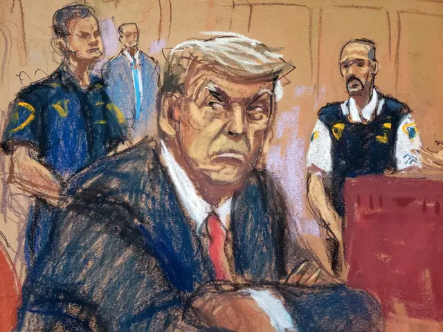 A sketch of Donald Trump in court