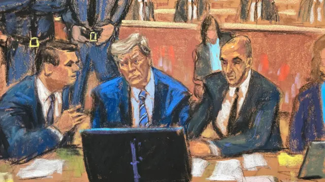 Former U.S. President Donald Trump is surrounded by his attorneys, court security and Secret Service seated behind,