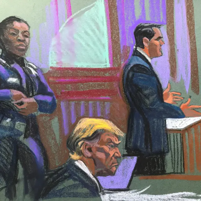 Former US President Donald Trump sits while his lawyer Todd Blanche speaks during the second day of jury selection in his hush money criminal trial in Manhattan Criminal Court in New York City, New York, U.S. April 16, 2024, in this court sketch. Christine Cornell/Pool via REUTERS