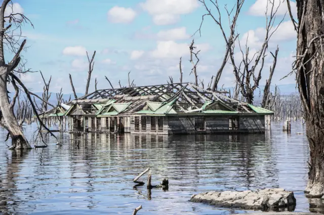 A submerged property in the rising waters of Lake Nakuru.