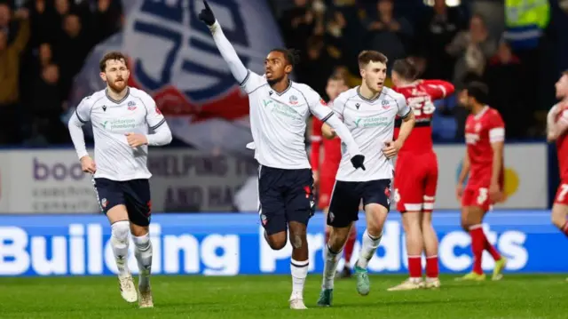 Paris Maghoma celebrates after scoring for Bolton Wanderers