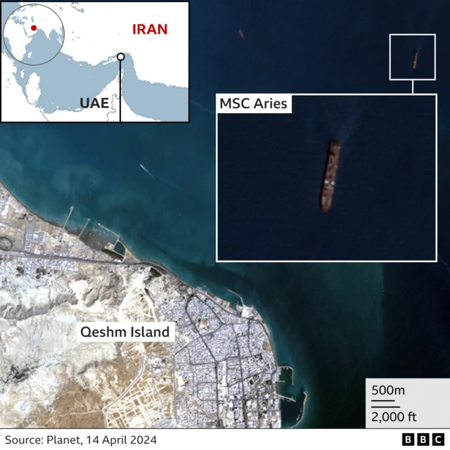 Satellite image showing position of MSC Aries