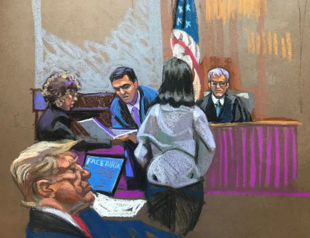 In this court sketch, former President Donald Trump, bottom left, sits in court during the second day of jury selection in his criminal hush money trial in Manhattan Criminal Court in New York on Tuesday, April 16, 2024.