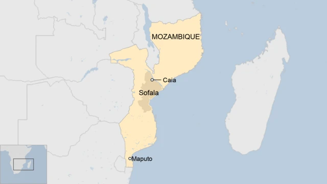 A map of Mozambique showing Caia in Sofala province.