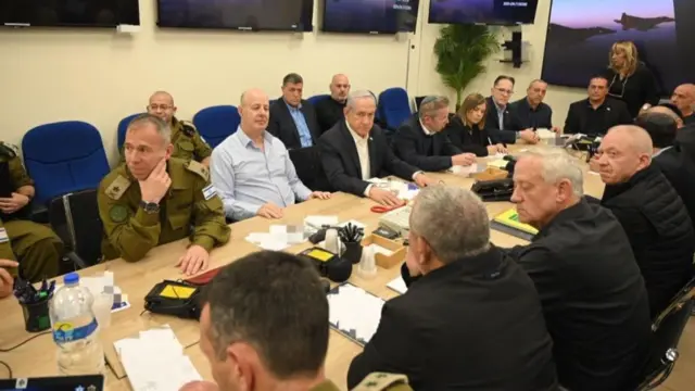 The Israel's war cabinet, chaired by Prime Minister Benjamin Netanyahu (3rd L), holds a meeting to discuss the drone attack launched by Iran in Tel Aviv, Israel on April 14, 2024.