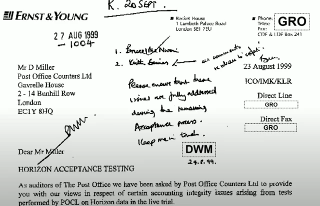 The 1999 letter from auditors Ernst and Young refers to "accounting integrity issues" relating to the Horizon "live trial"