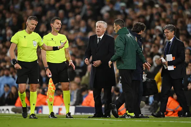 Carlo Ancelotti, Head Coach of Real Madrid, reacts towards Referee Daniele Orsato