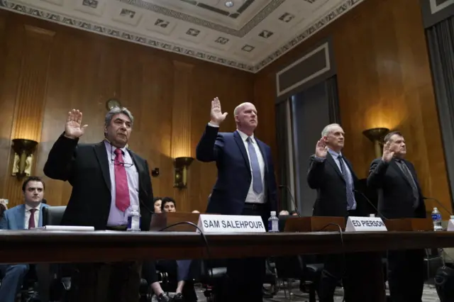 (L-R) Boeing engineer, Sam Salehpour; Foundation for Aviation Safety Executive Director, Ed Pierson; Foundation for Aviation Safety engineer, Joe Jacobsen; and Ohio State University Professional Practice Assistant Professor Shawn, Pruchnicki are sworn in