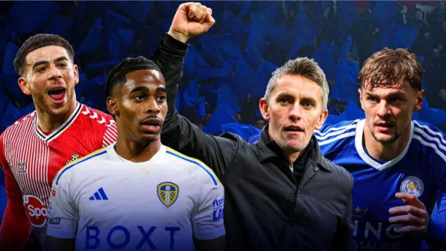A graphic showing Che Adams of Southampton, Crysencio Summerville of Leeds, Kieran McKenna of Ipswich and Kieran Dewsbury-Hall of Leicester