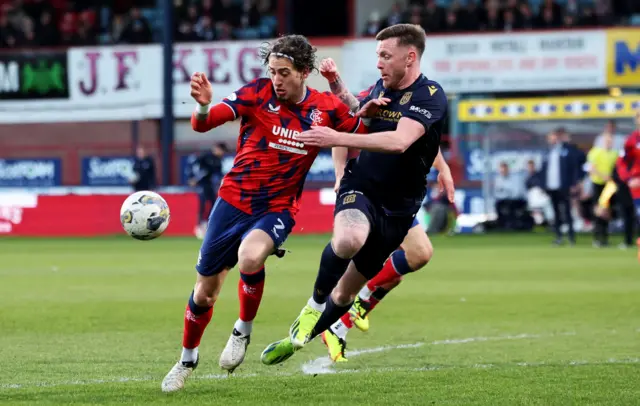 Rangers Fabio Silva (left) and Jordan McGhee in action during a cinch Premiership match between Dundee and Rangers at the Scot Foam Stadium at Dens Park